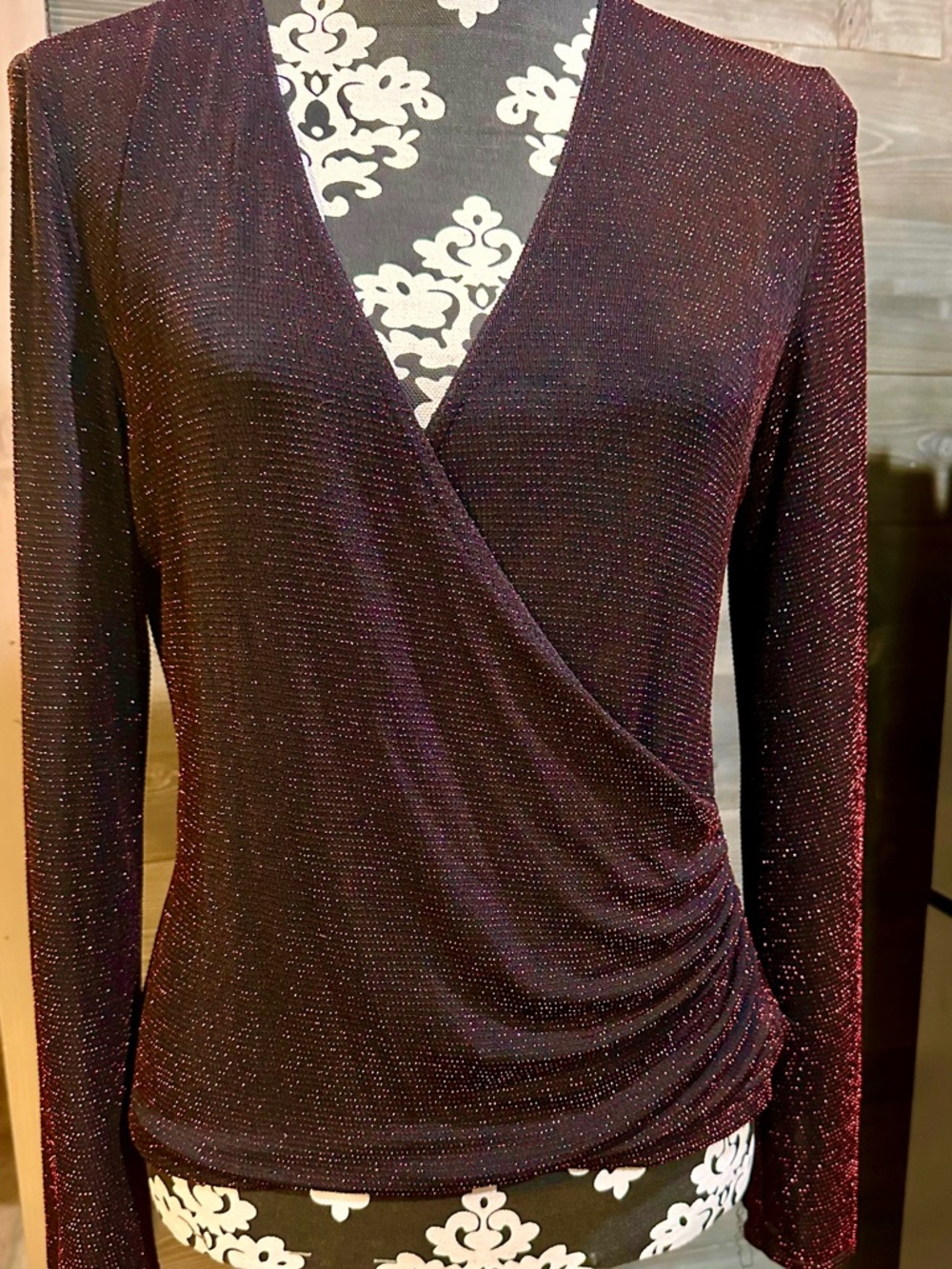 Vintage JR Nites Metallic Shimmer Wrap-Style Blouse- Deep Burgundy/Black